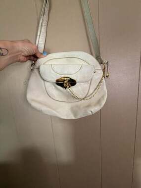 Rough Roses Vintage White Leather Crossbody Bag with Gold Tone Hardware